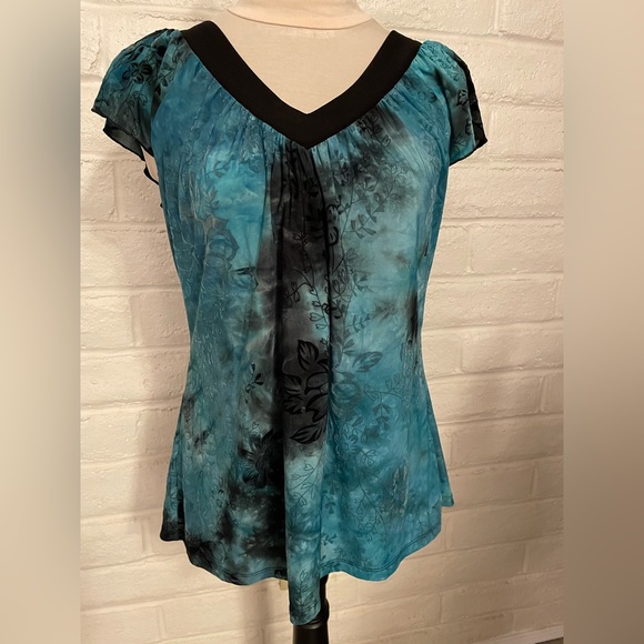Cato Teal and Black Floral Short Sleeve V-neck Blouse, sz L - Picture 2 of 5